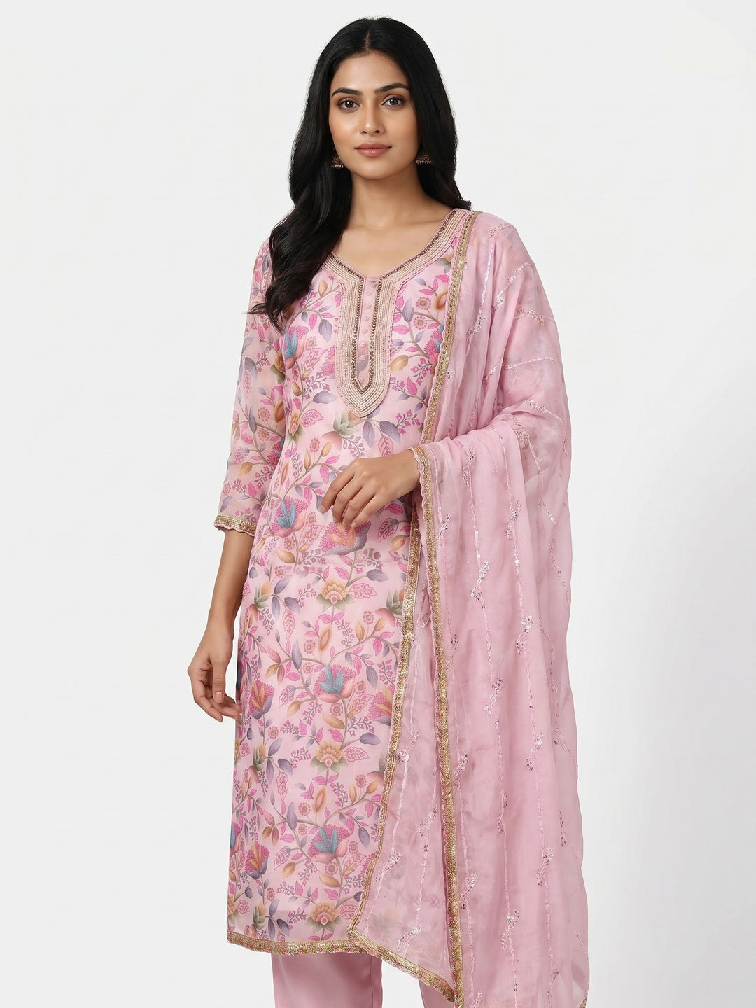 Pink Floral Printed Organza Dress Material - Image 1