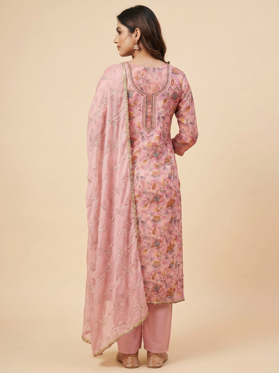 Peach Floral Printed Organza Dress Material - Image 3