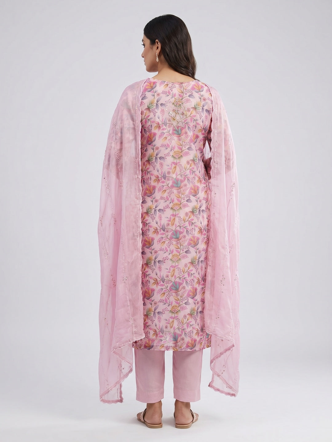 Pink Floral Printed Organza Dress Material - Image 2