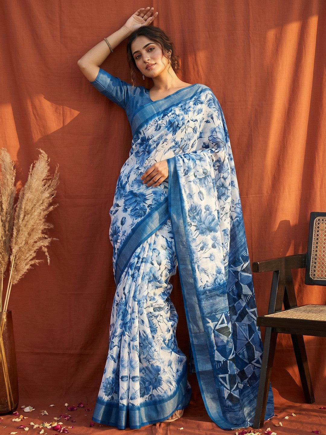 Charming Blue Floral Digital Print Linen Cotton Saree With Luxe Zari Weaving Border With Unstitched Linen Cotton Blouse Peice - Image 1