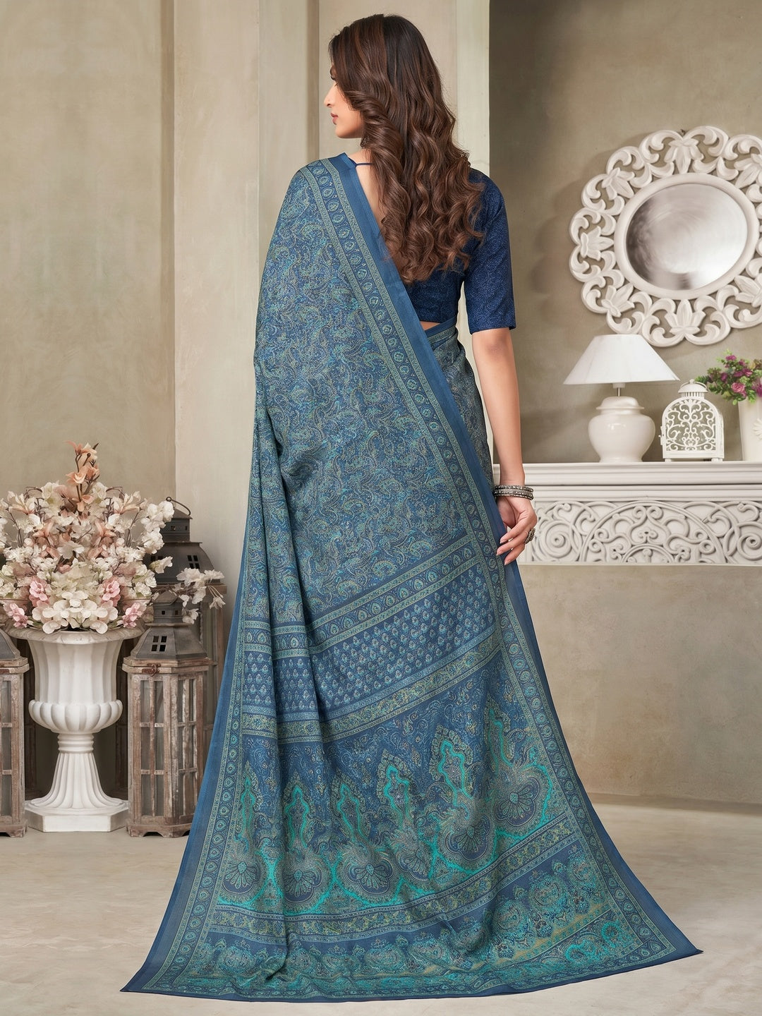 Blue Printed Crepe Saree - Image 1