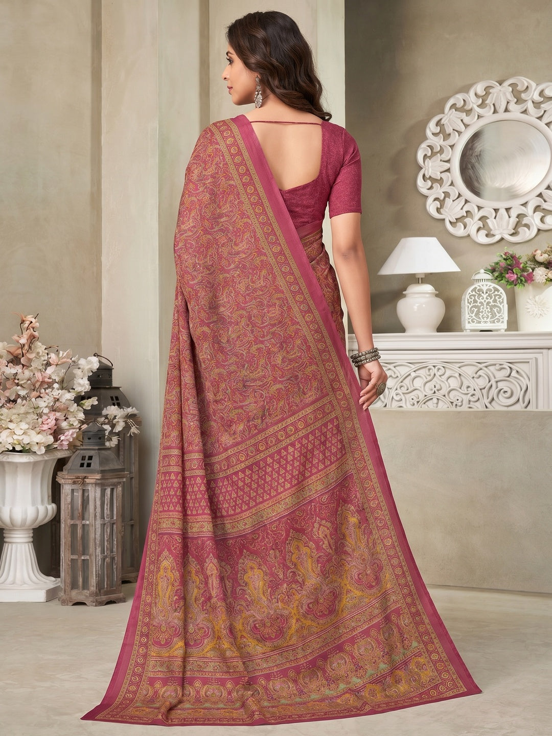 Magenta Printed Crepe Saree - Image 1