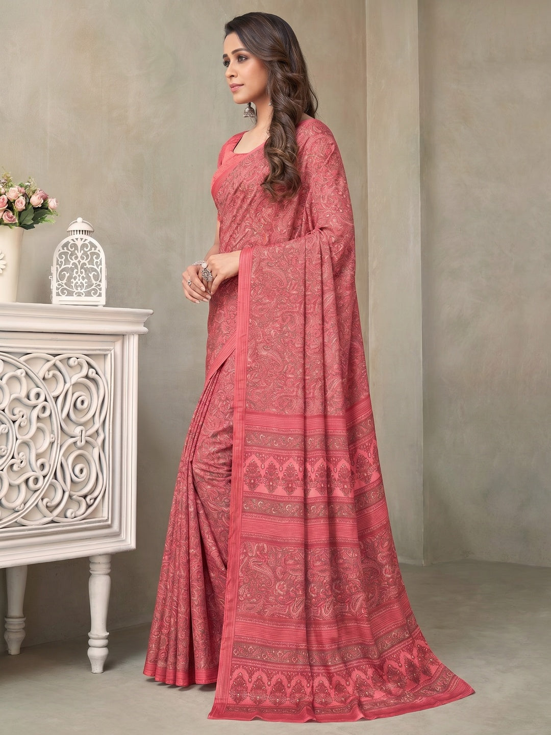 Pink Printed Crepe Saree - Image 1