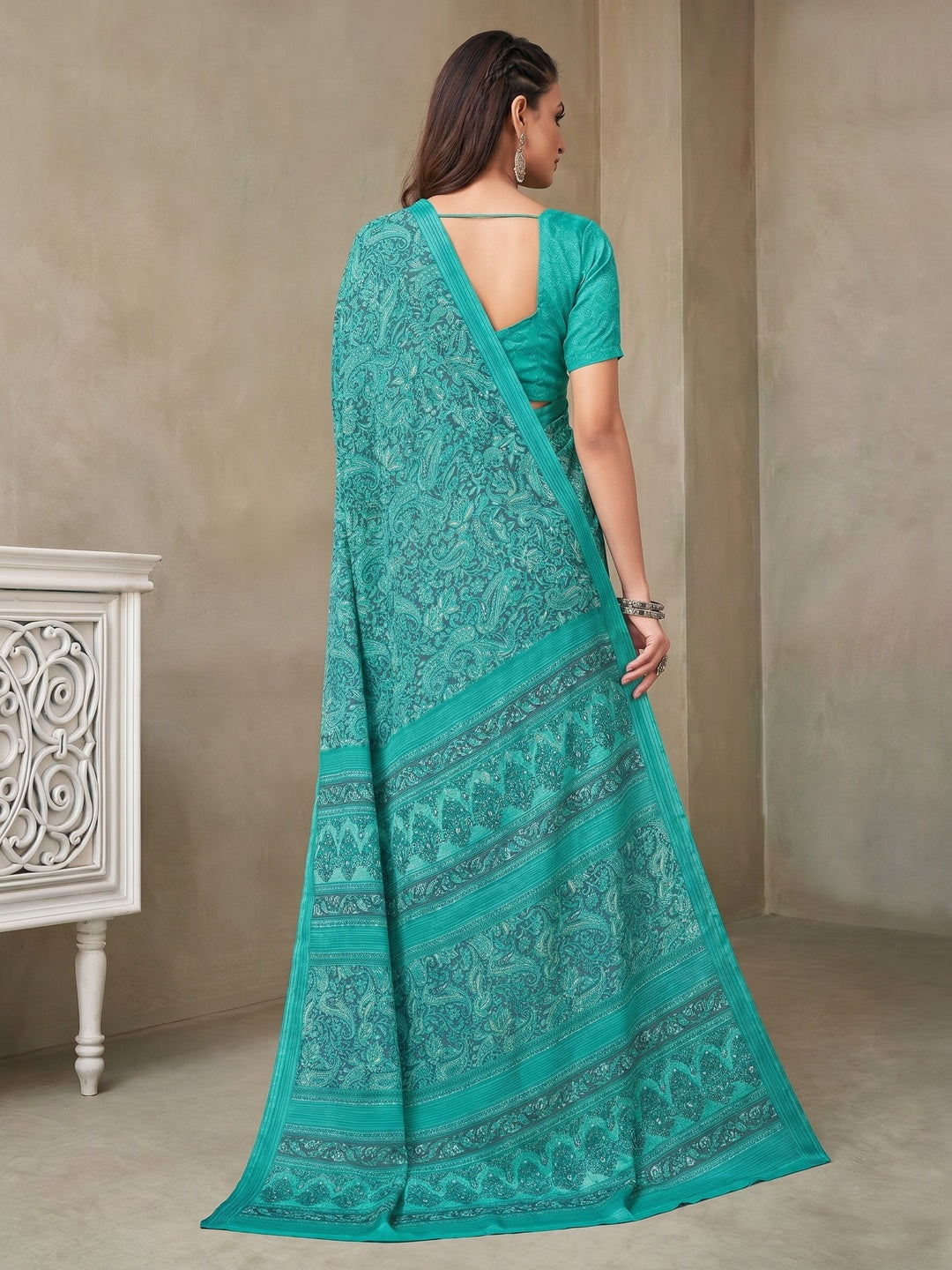 Turquoise Printed Crepe Saree - Image 1