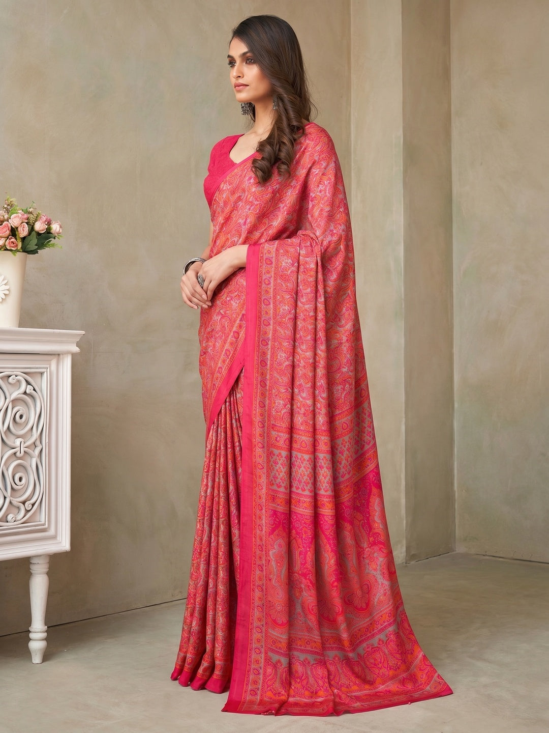 Pink Printed Crepe Saree - Image 1