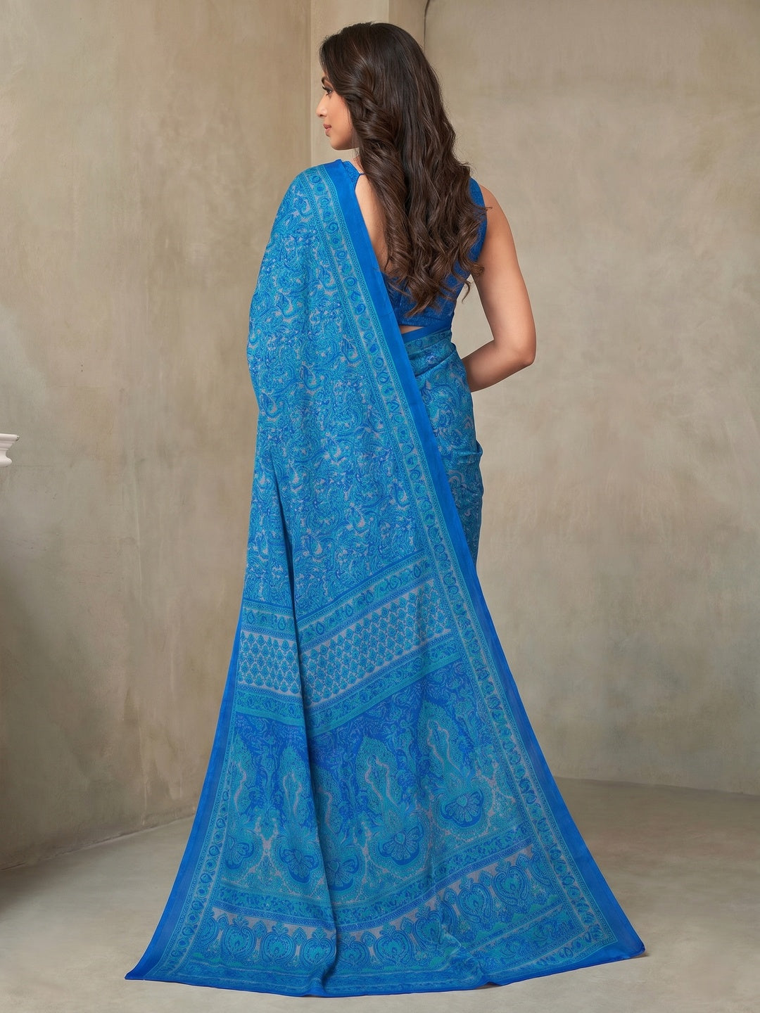 Blue Printed Crepe Saree - Image 2