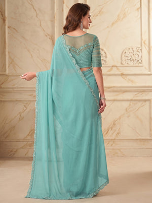 Turquoise Sequins Embroidered Georgette Saree - Image 1