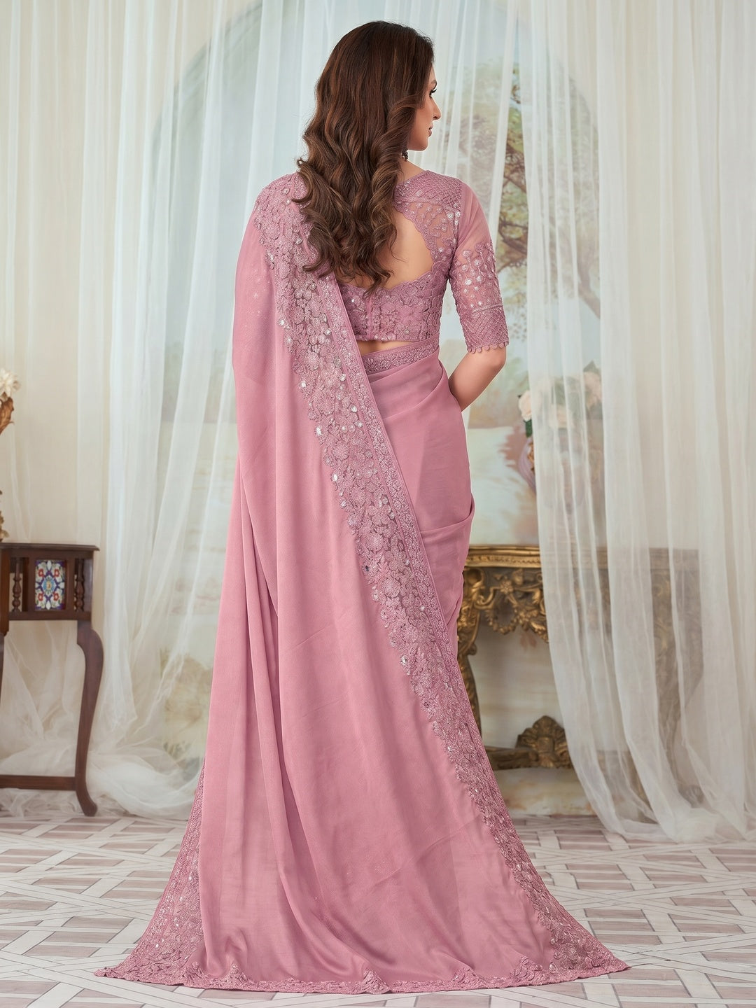 Pink Floral Sequin Embroidered Satin Saree - Image 1