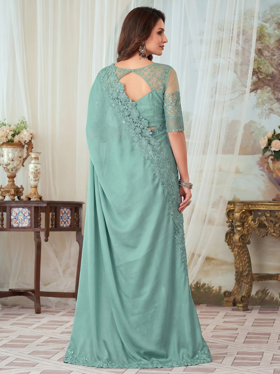 Turqoise Floral Sequin Embroidered Satin Saree - Image 3