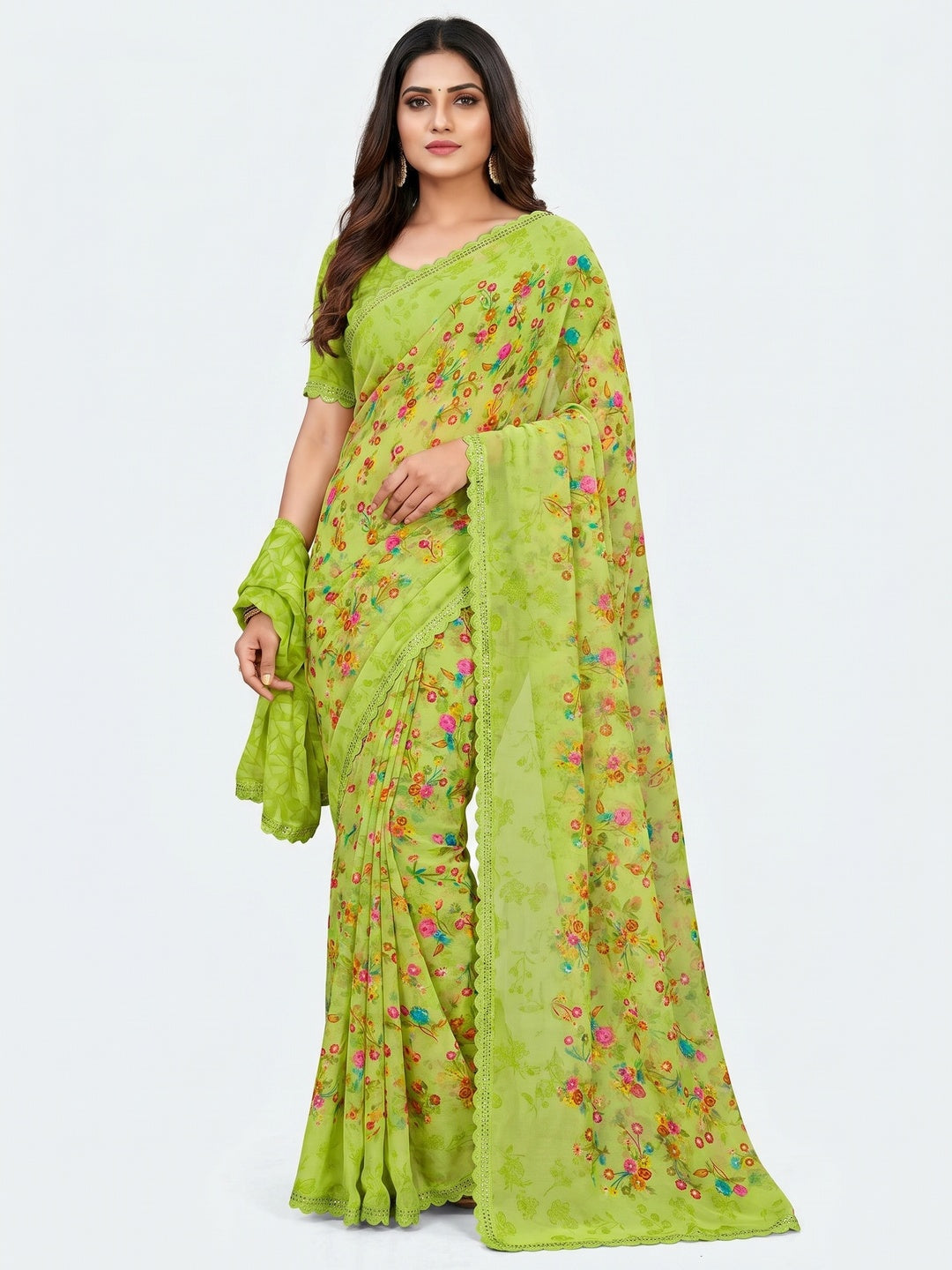 Green Floral Printed Georgette Saree - Image 1