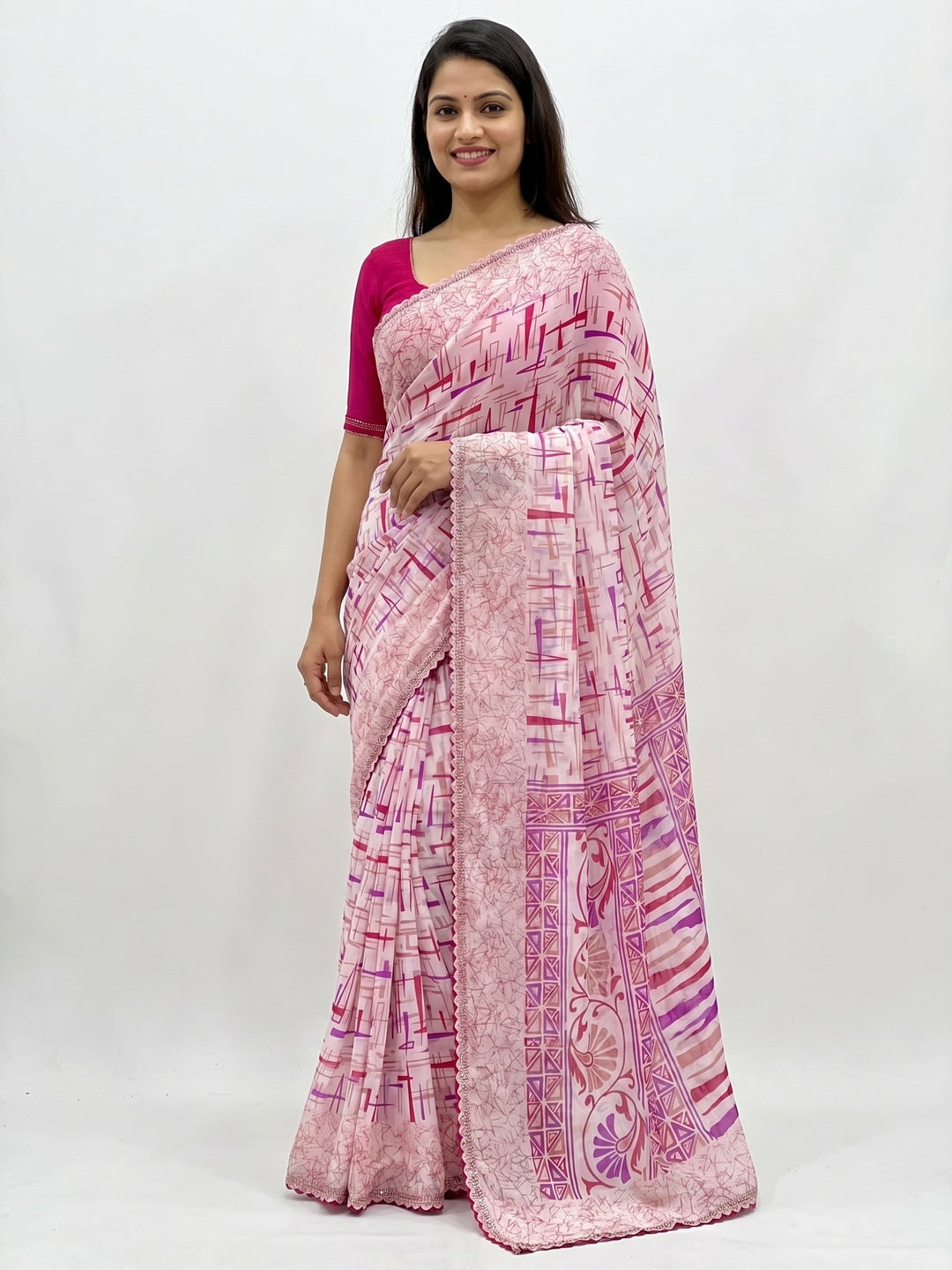 White & Rani Pink Geometric Printed Georgette Saree - Image 1