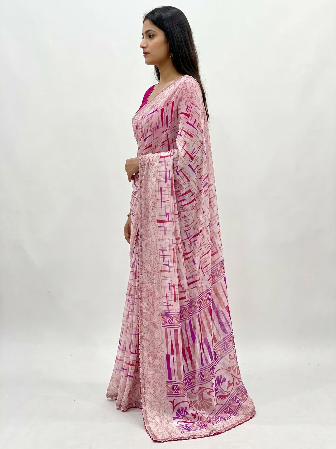 White & Rani Pink Geometric Printed Georgette Saree - Image 3