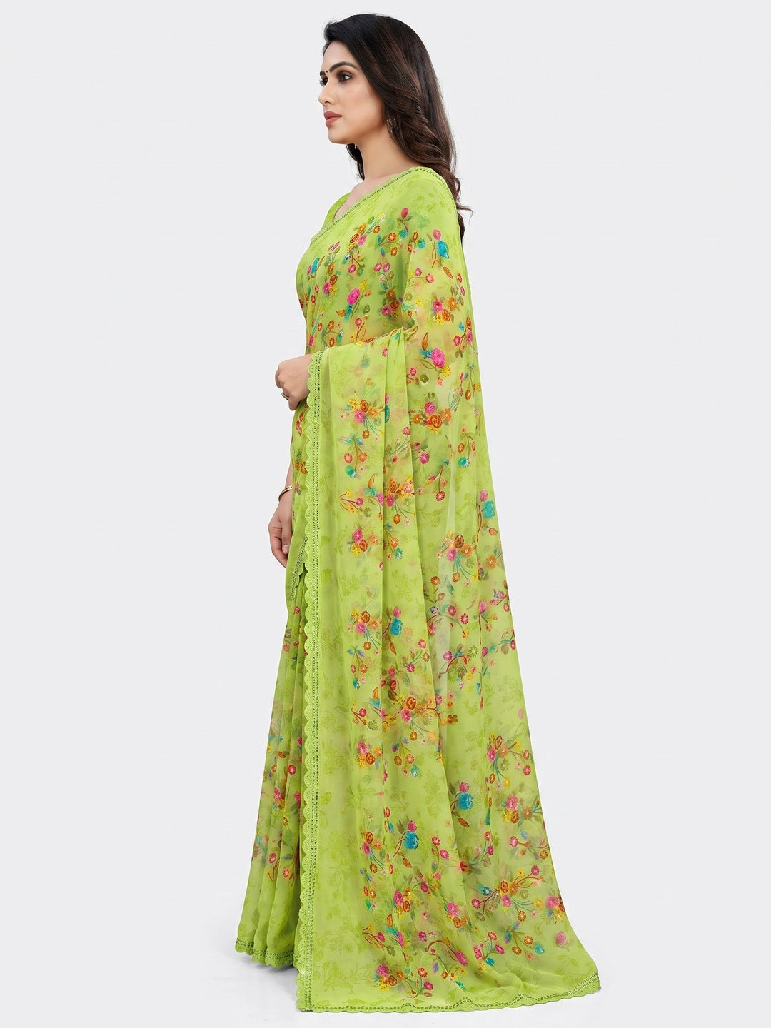 Green Floral Printed Georgette Saree - Image 3