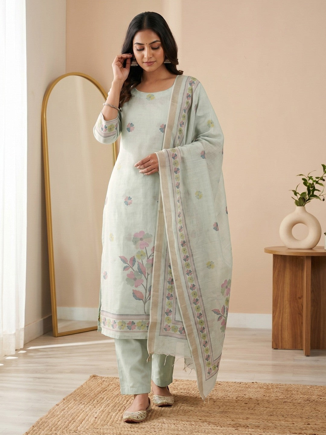 Elegant Floral Woven Pista Green Linen Dress Material - Image 2