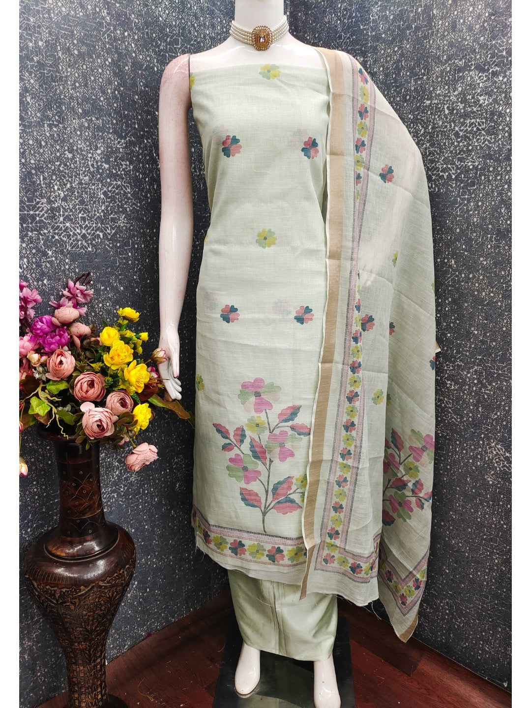Elegant Floral Woven Pista Green Linen Dress Material - Image 3
