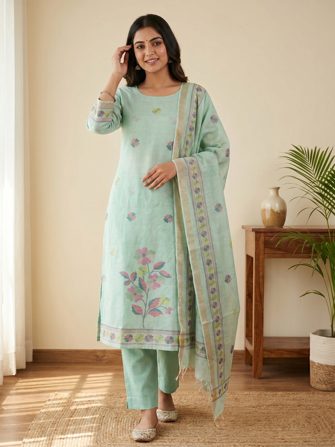 Elegant Floral Woven Mint Green Linen Dress Material - Image 2
