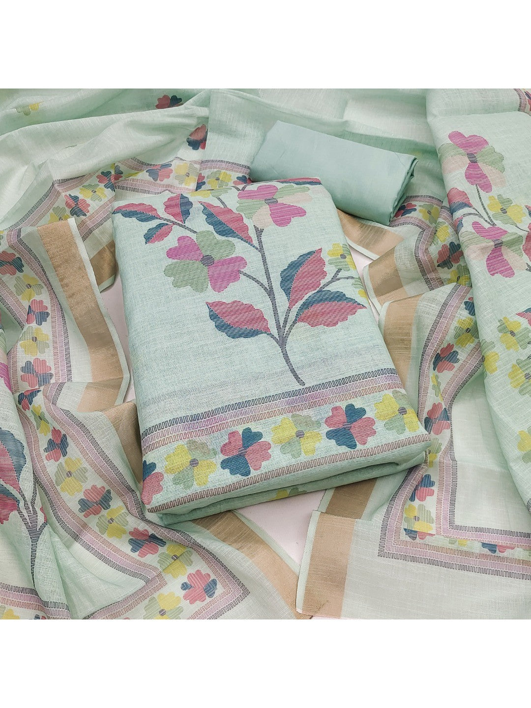 Elegant Floral Woven Mint Green Linen Dress Material - Image 1