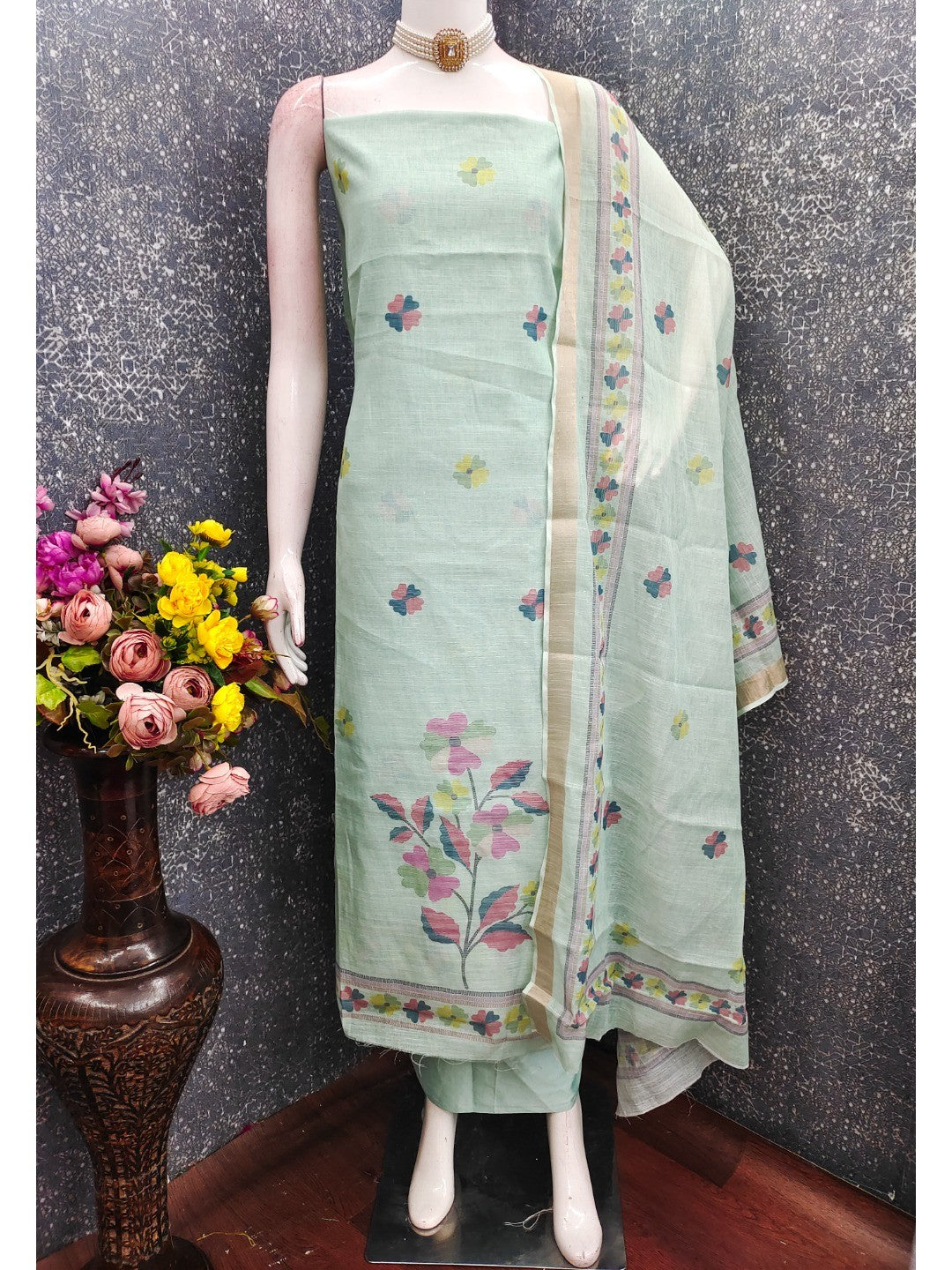 Elegant Floral Woven Mint Green Linen Dress Material - Image 3