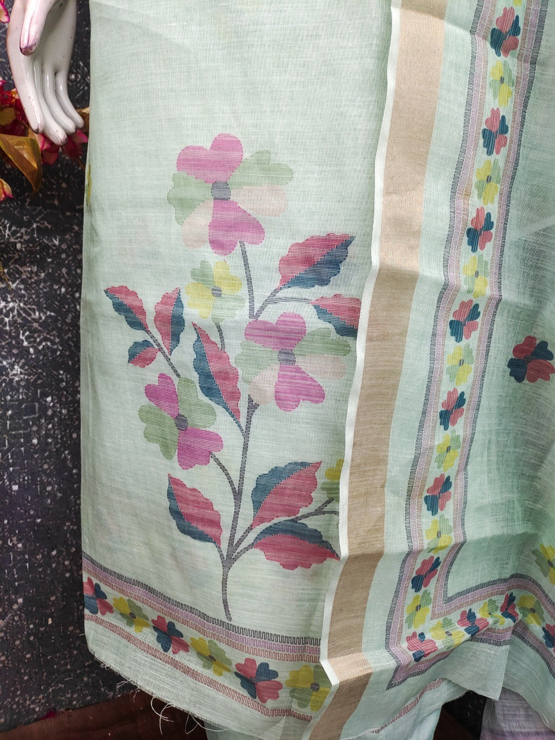 Elegant Floral Woven Mint Green Linen Dress Material - Image 4