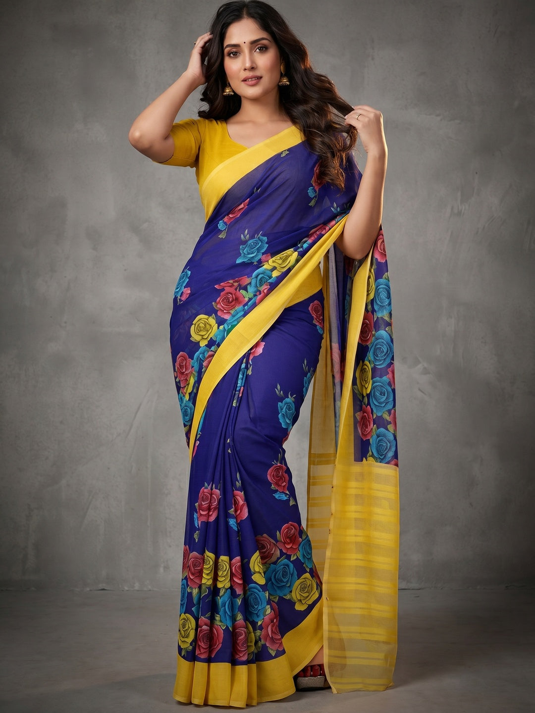 Blue Floral Printed Crepe Saree with Yellow Border - Image 1