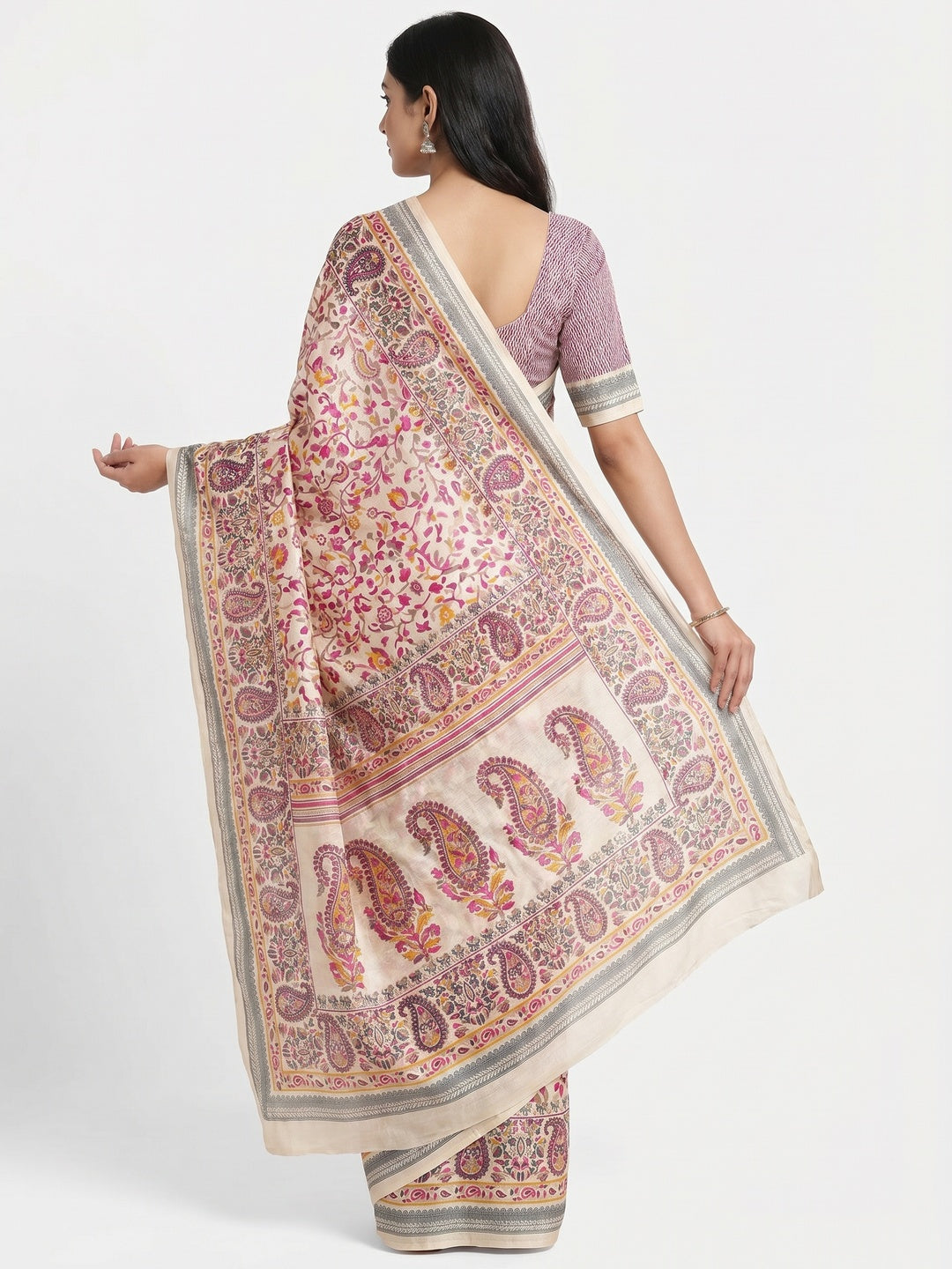 Cream & Pink Floral Printed Pashmina Saree - Image 2