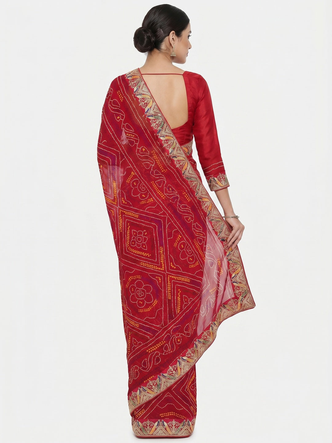 Red Bandhani Printed Georgette Saree - Image 3