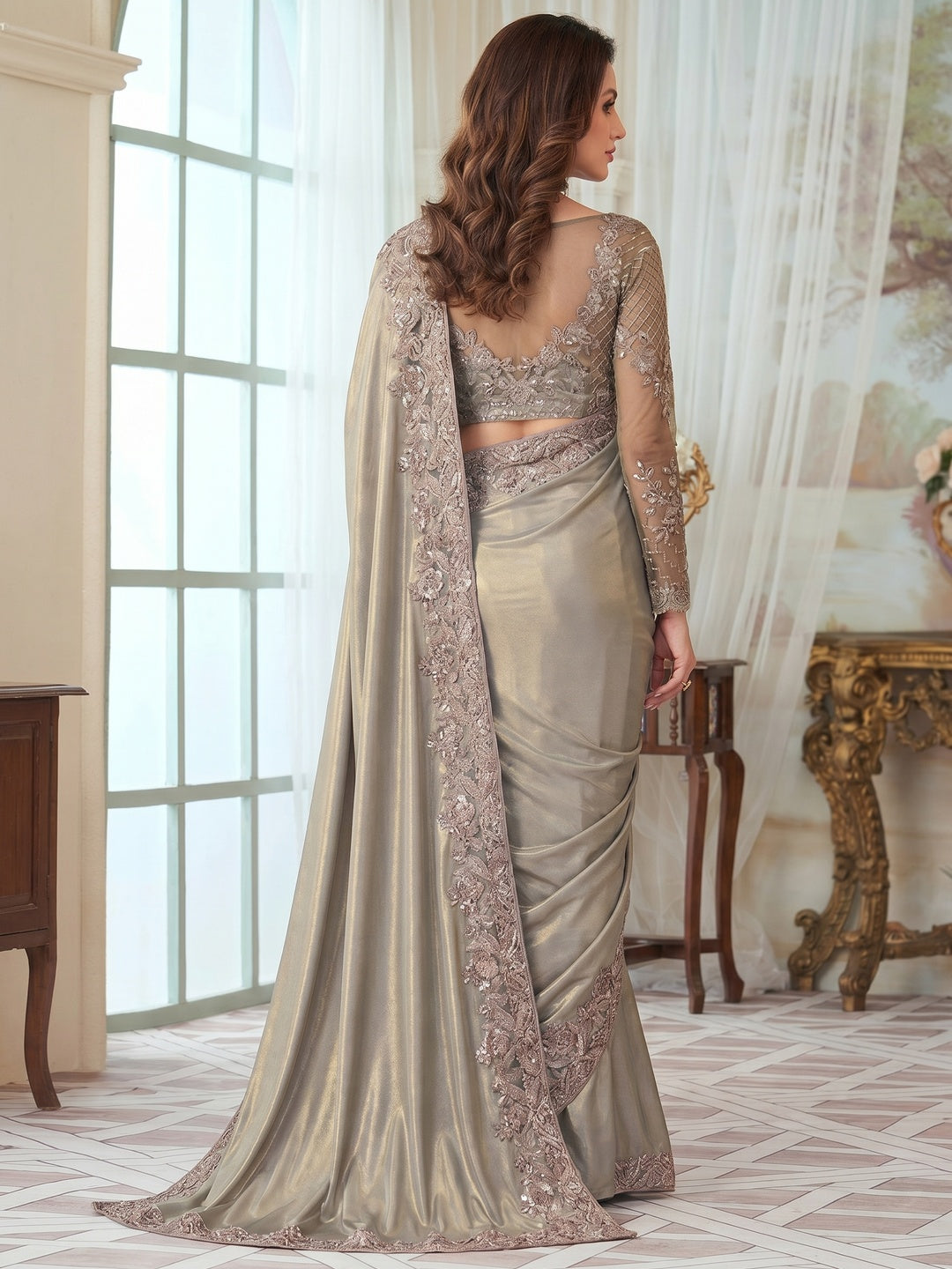 Grey Sequins Embroidered Satin Saree - Image 1