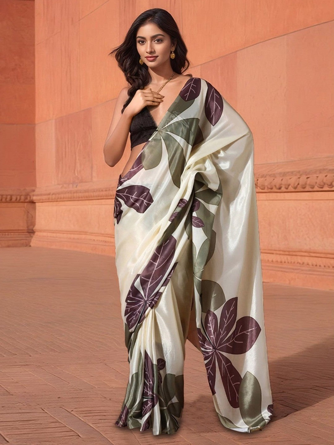 Off White Digital Print Crepe Saree with Black Blouse - Image 1