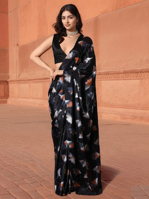 Soft Black Crepe Saree with Abstract Print - Image 1