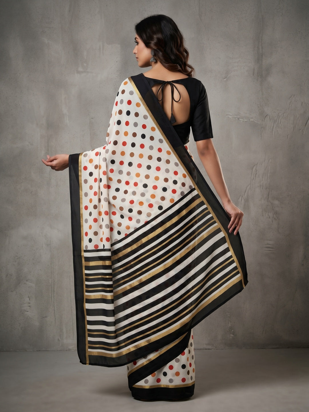 White Polka Dot and Striped Crepe Saree with Black Border - Image 3