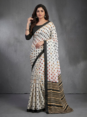 White Polka Dot and Striped Crepe Saree with Black Border - Image 1