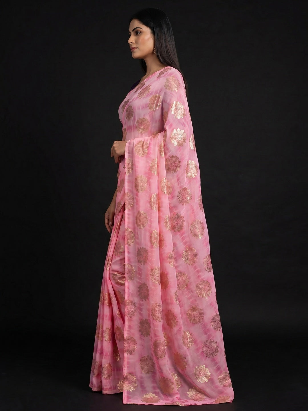 Pink Floral Foil Printed Georgette Saree - Image 3