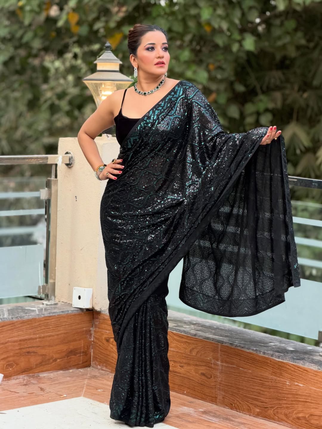 Peachmode Black Georgette Saree with Sequins Embroidery - Image 1