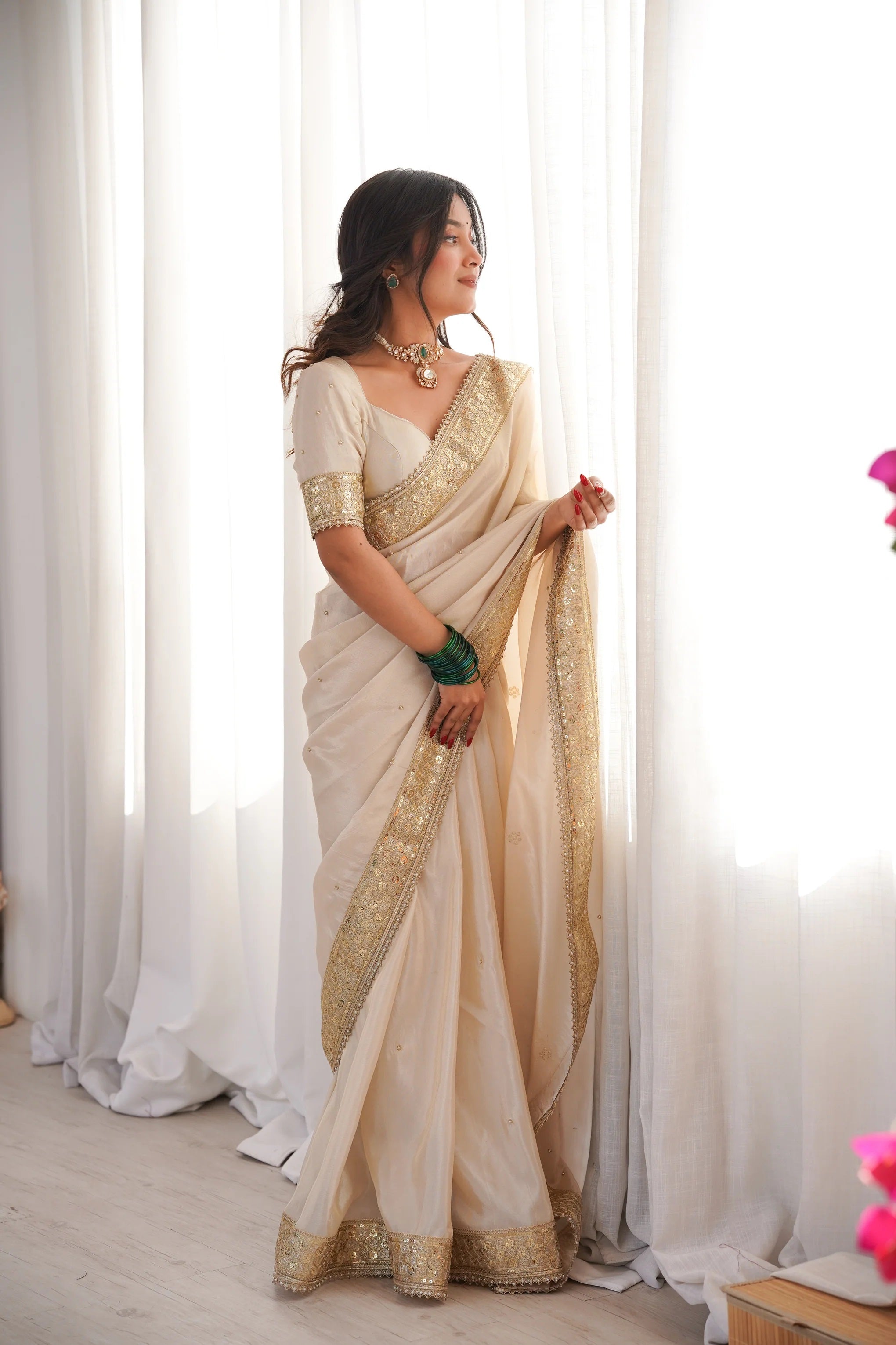 Peachmode Cream Silk Saree with Handwork Embroidery - Image 1