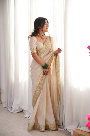 Peachmode Cream Silk Saree with Handwork Embroidery - Image 1