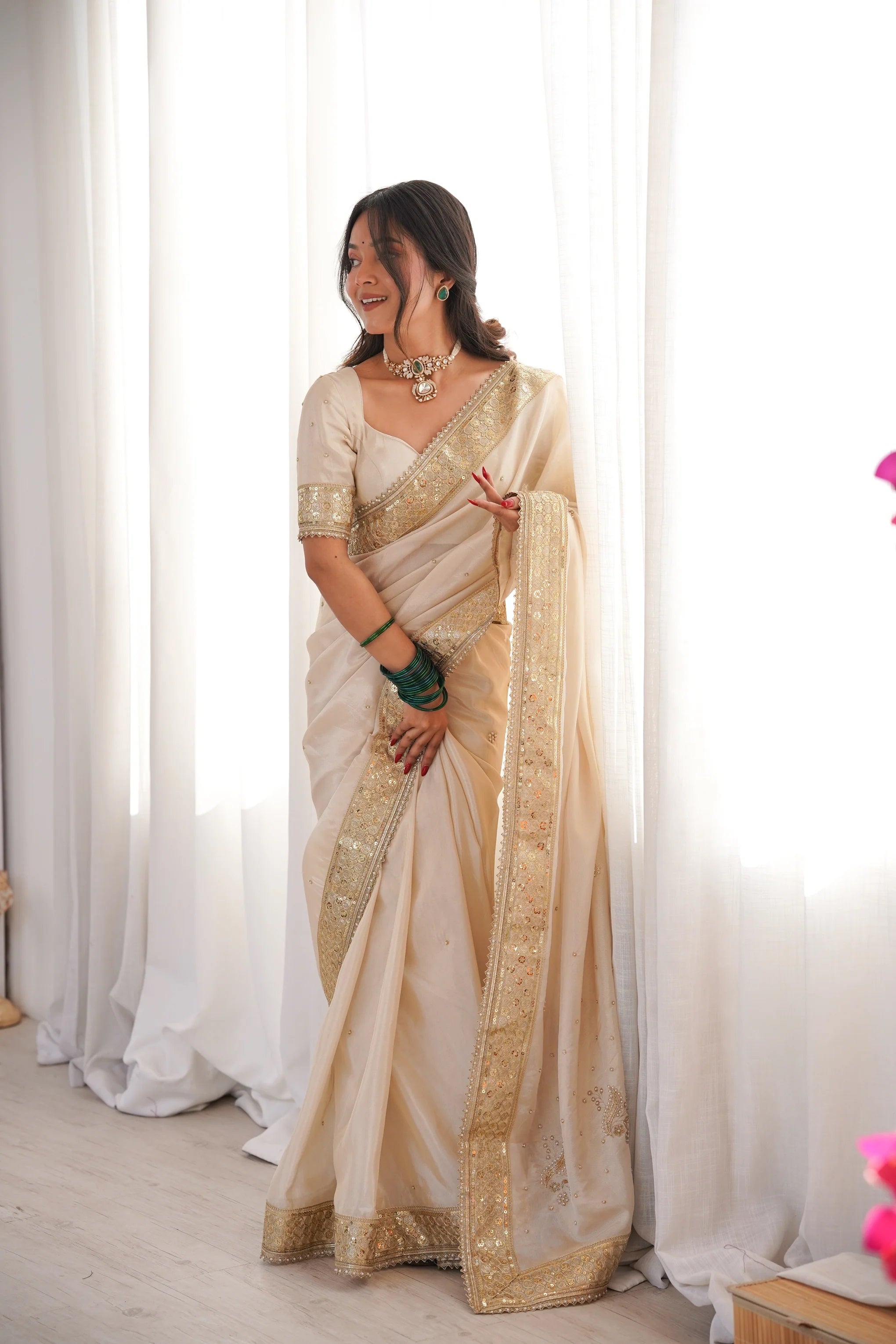 Peachmode Cream Silk Saree with Handwork Embroidery - Image 2