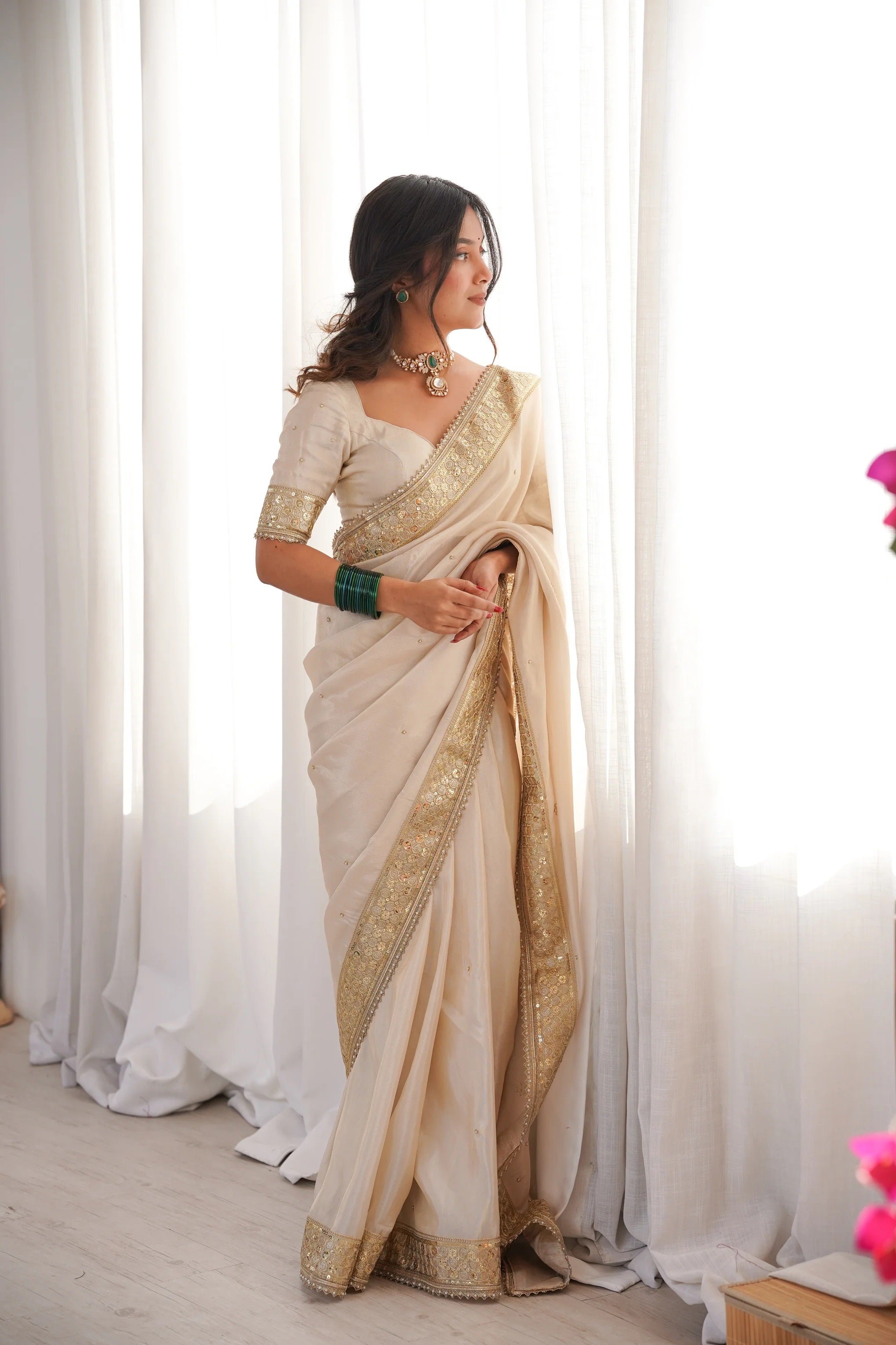 Peachmode Cream Silk Saree with Handwork Embroidery - Image 3