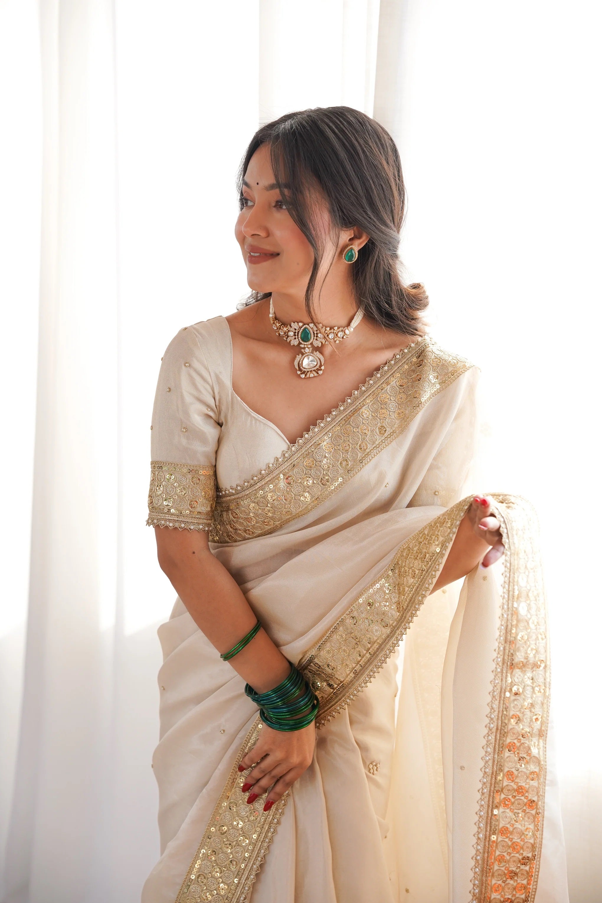 Peachmode Cream Silk Saree with Handwork Embroidery - Image 4