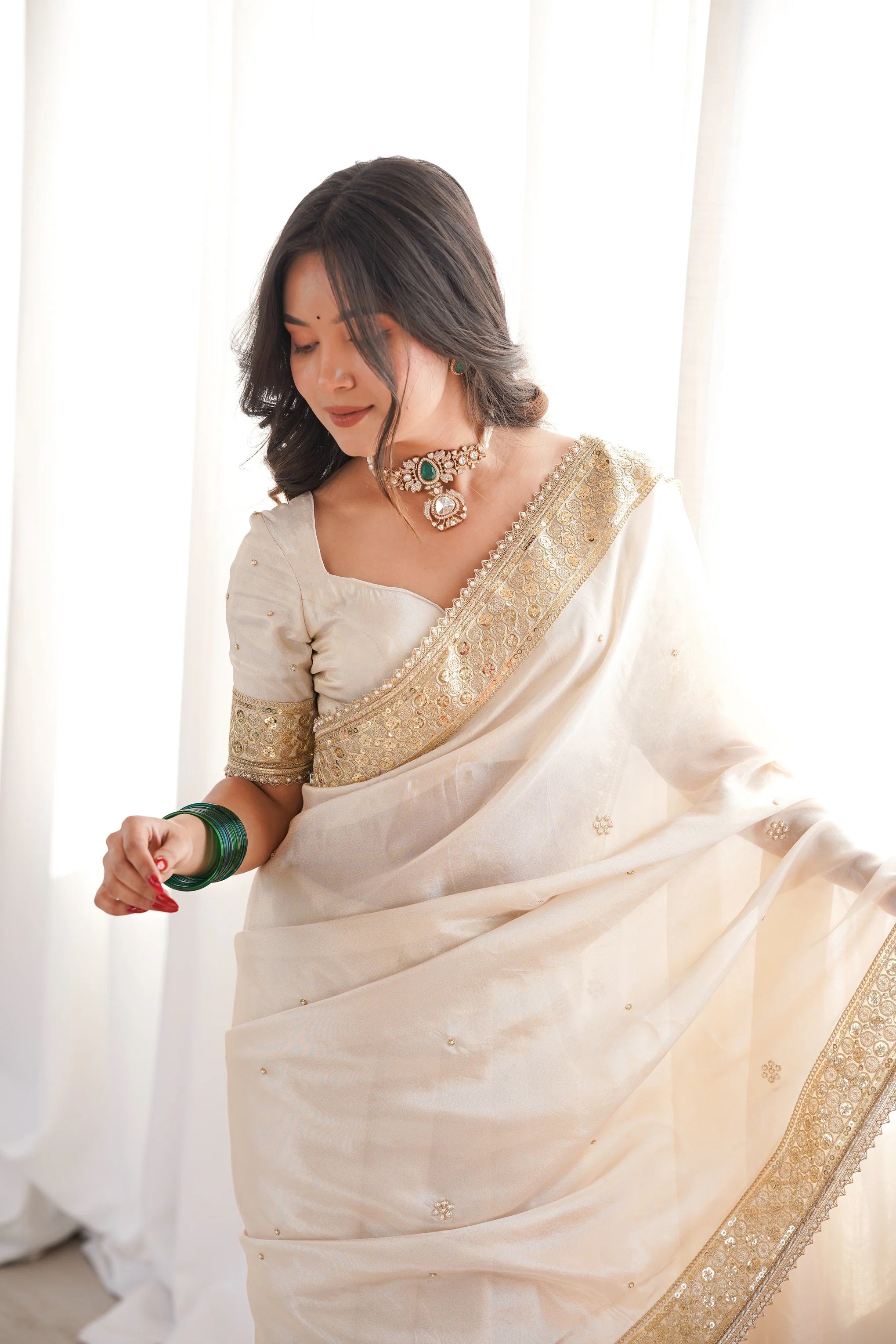 Peachmode Cream Silk Saree with Handwork Embroidery - Image 5