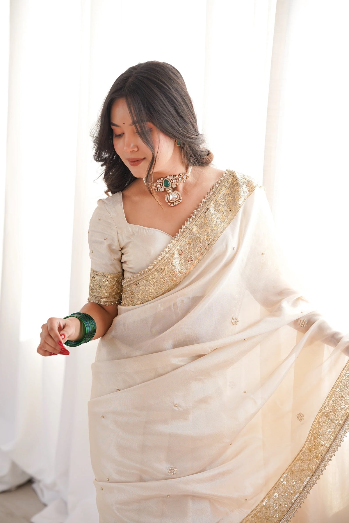 Peachmode Cream Silk Saree with Handwork Embroidery - Image 5