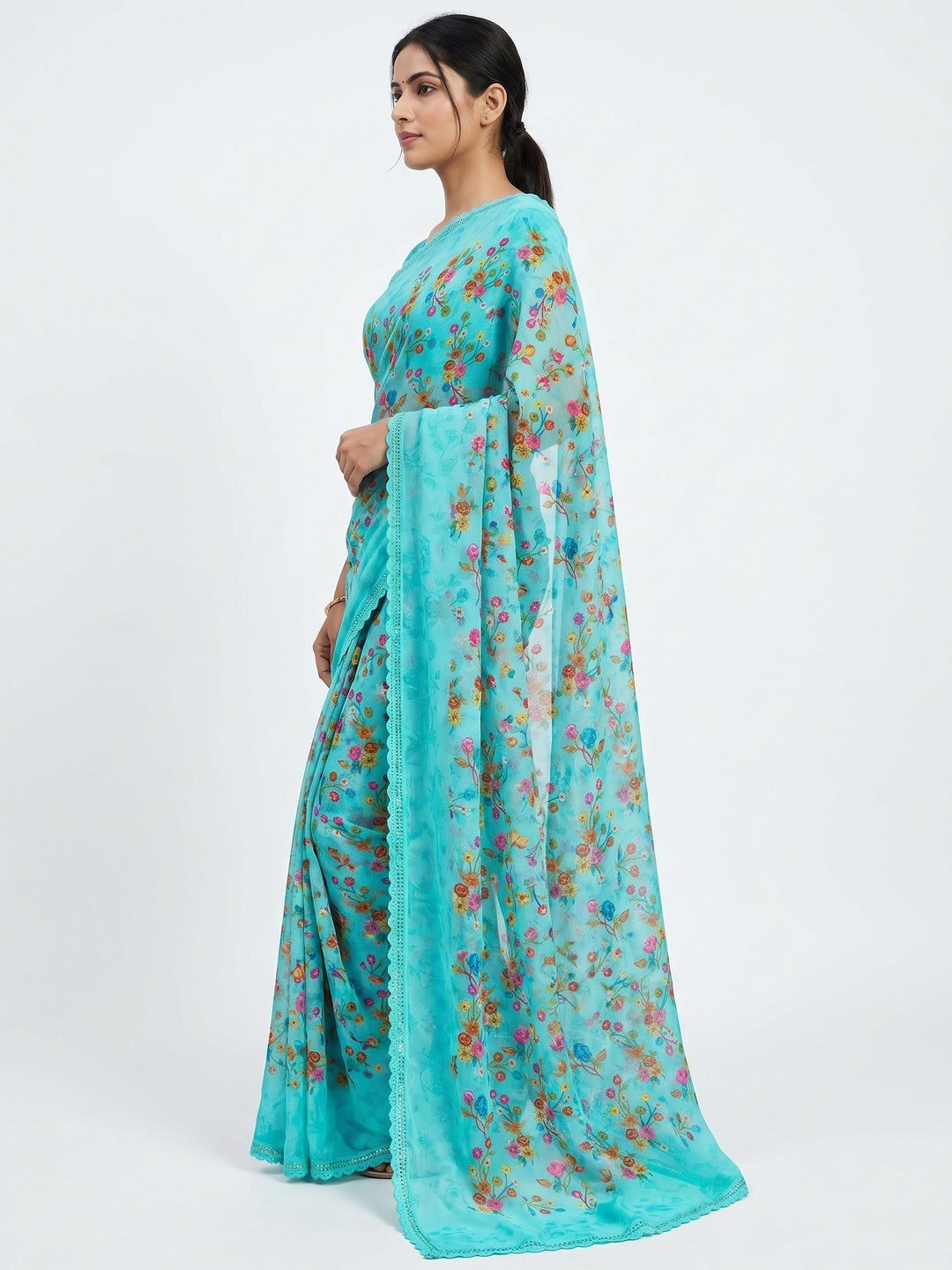 Blue Floral Printed Georgette Saree - Image 3