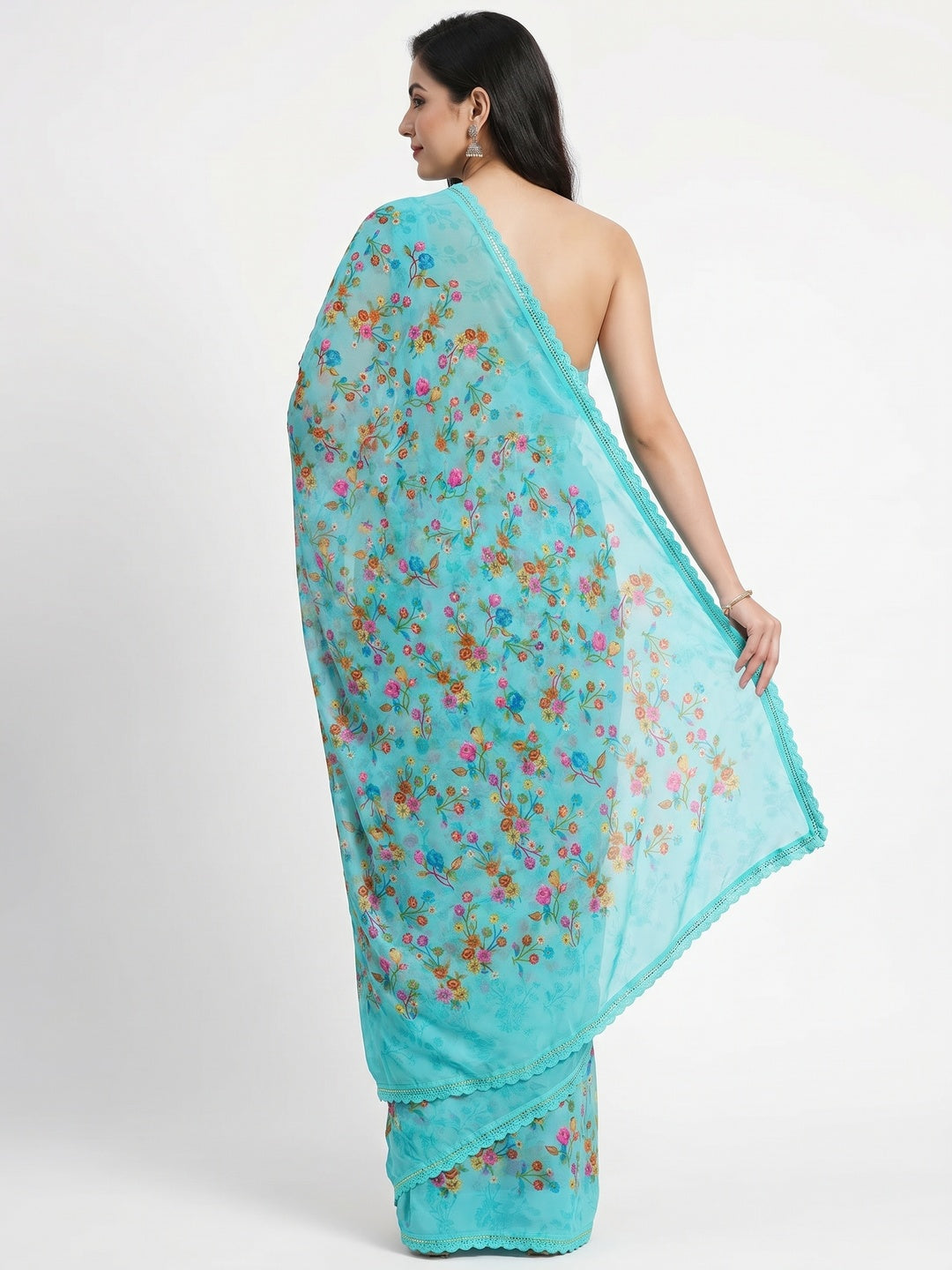 Blue Floral Printed Georgette Saree - Image 2