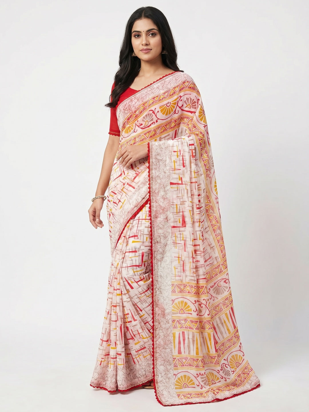 White & Red Geometric Printed Georgette Saree - Image 1