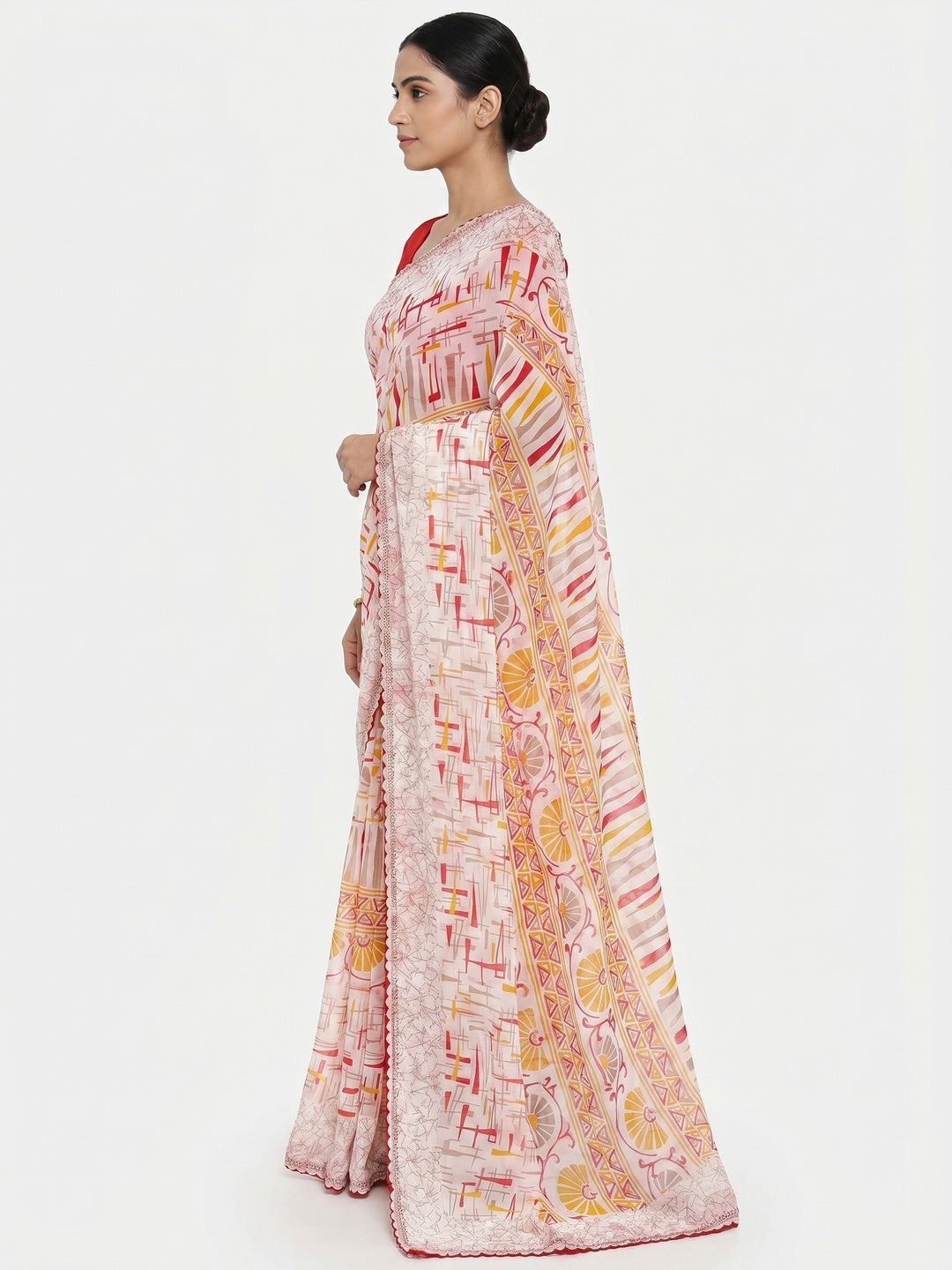 White & Red Geometric Printed Georgette Saree - Image 2