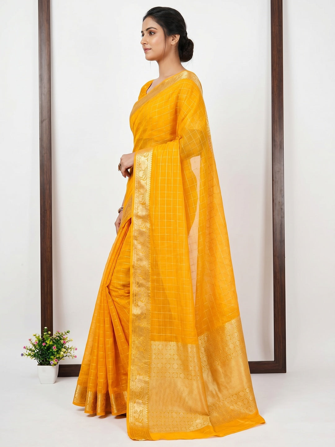 Yellow Woven Chiffon Saree - Image 2