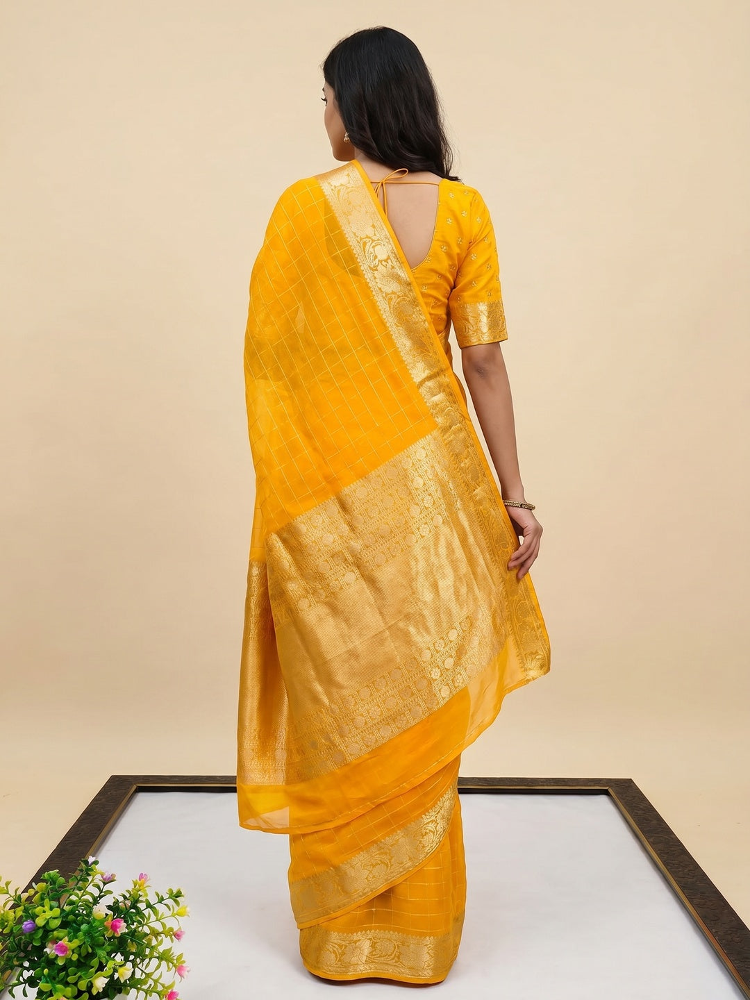 Yellow Woven Chiffon Saree - Image 3