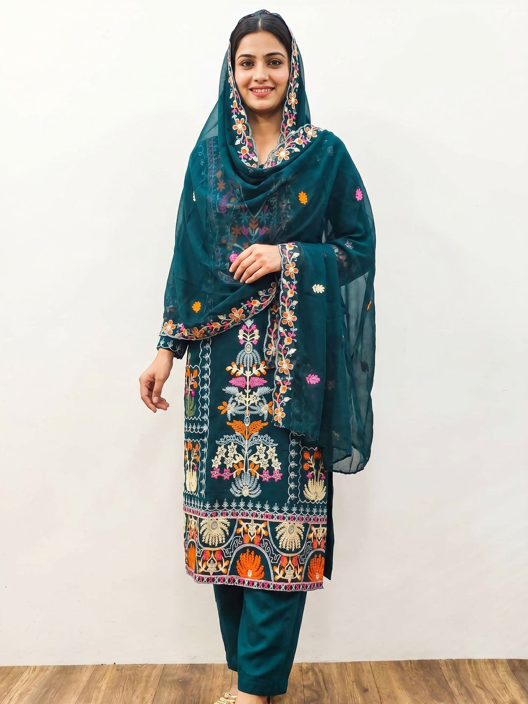 Teal Floral Embroidered Georgette Dress Material - Image 1
