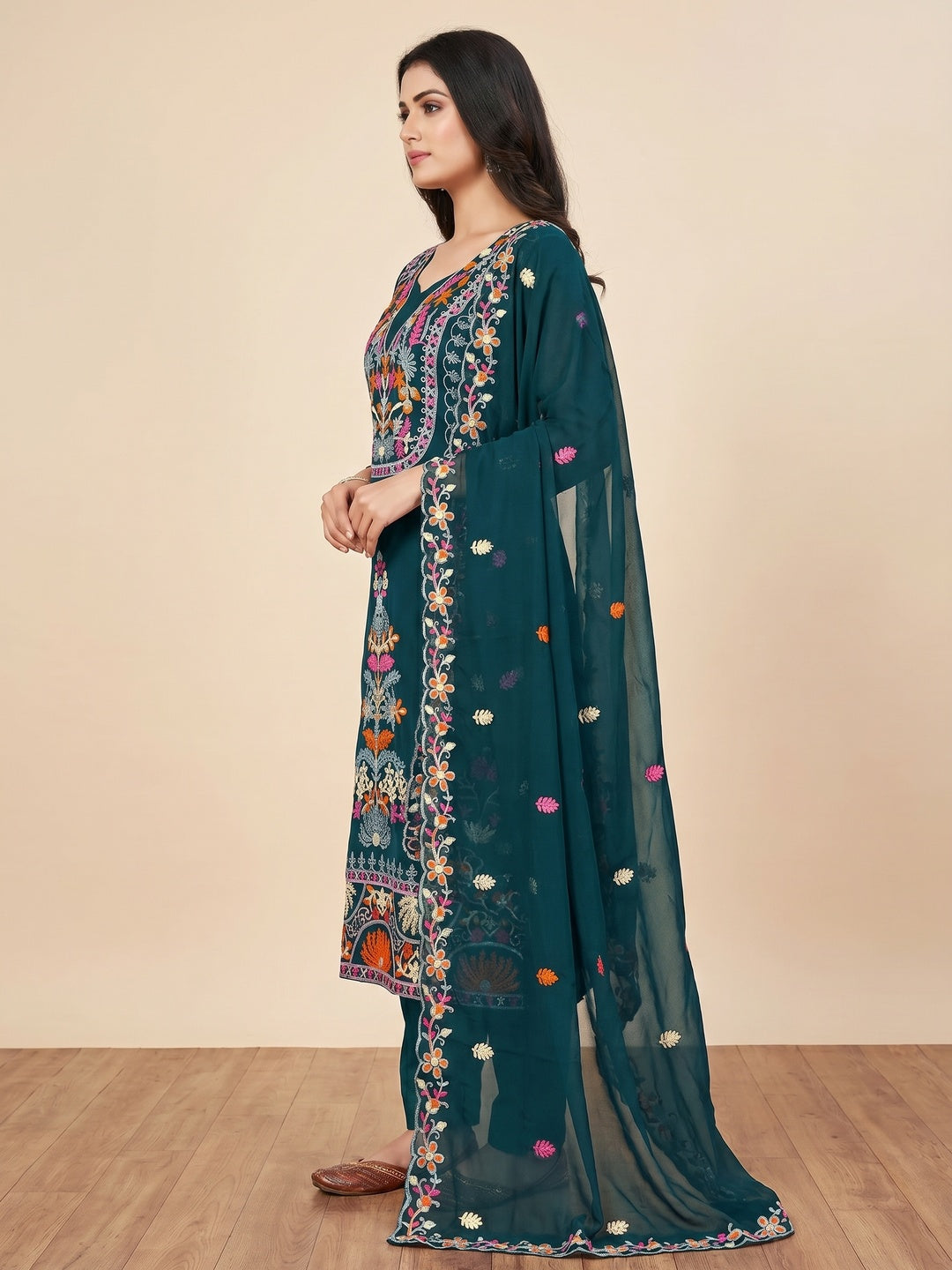 Teal Floral Embroidered Georgette Dress Material - Image 3