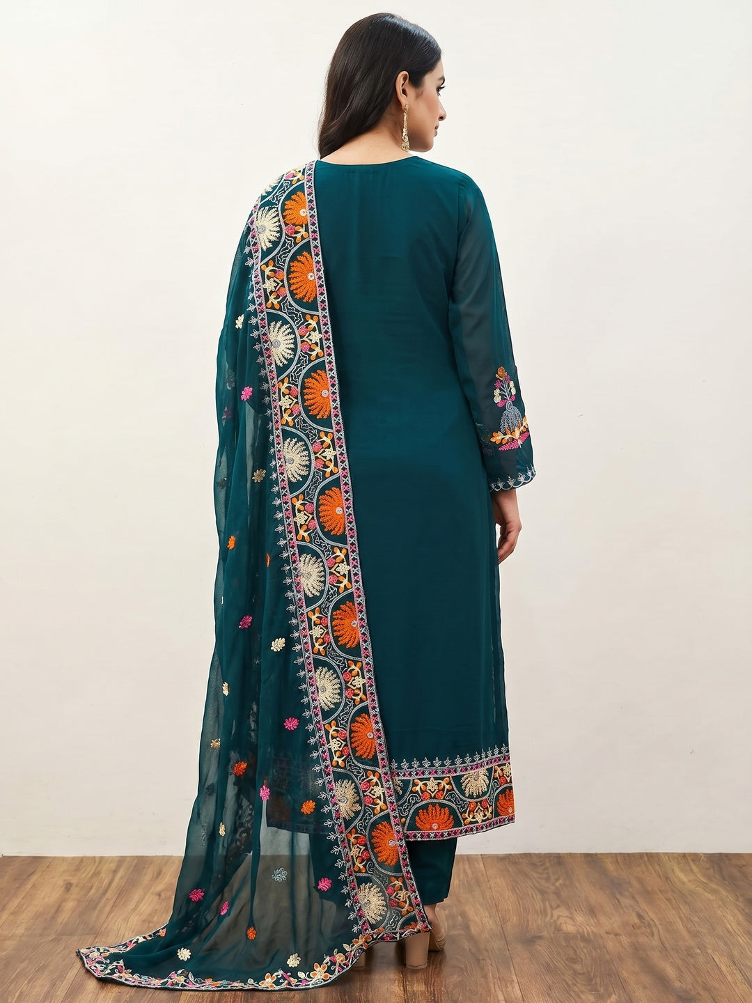 Teal Floral Embroidered Georgette Dress Material - Image 2