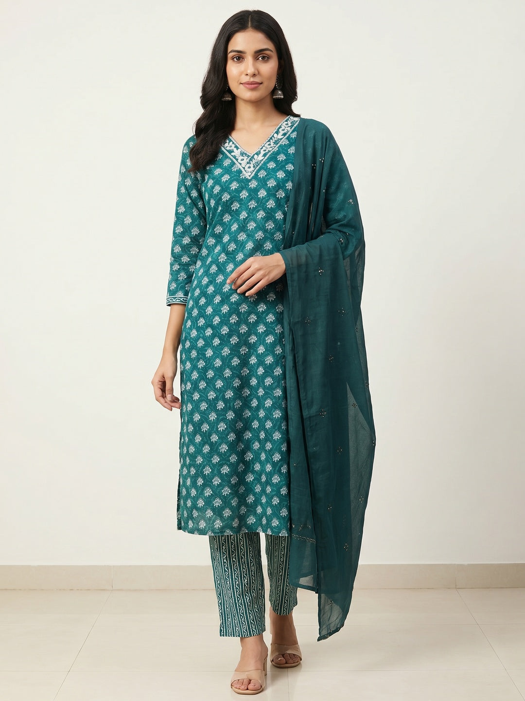 Teal Green Floral Printed Pure Cotton Salwar Suit - Image 1